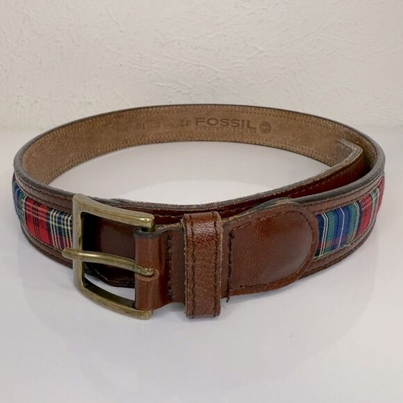 Fossil Patchwork Plaid Leather Belt Brown Brass Buckle Women’s S VGUC - Picture 2 of 9